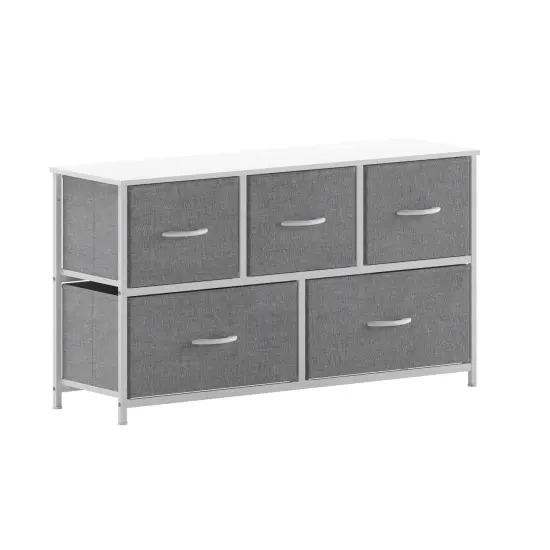 Emma and Oliver Marley 5 Drawer Storage Dresser with Cast Iron Frame, Wood Top and Easy Pull Fabric Drawers with Wooden Handles GrayDrawers/White {1}