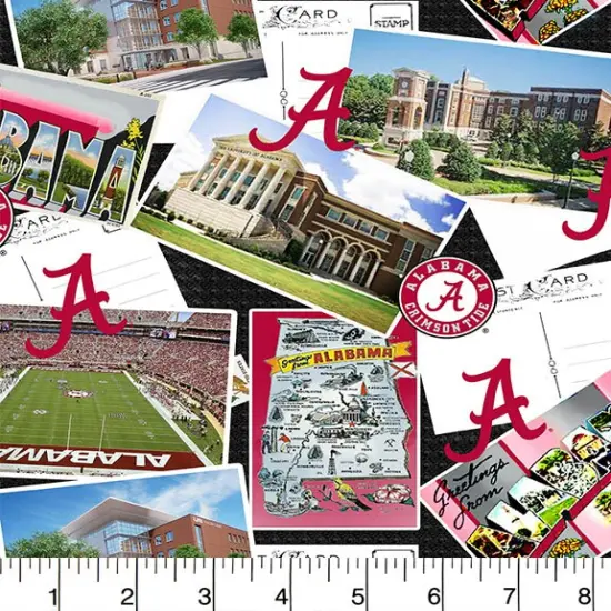 Sykel Enterprises-University of Alabama Cotton Fabric-Alabama Crimson Tide Postcard Cotton Quilting Fabric {1}