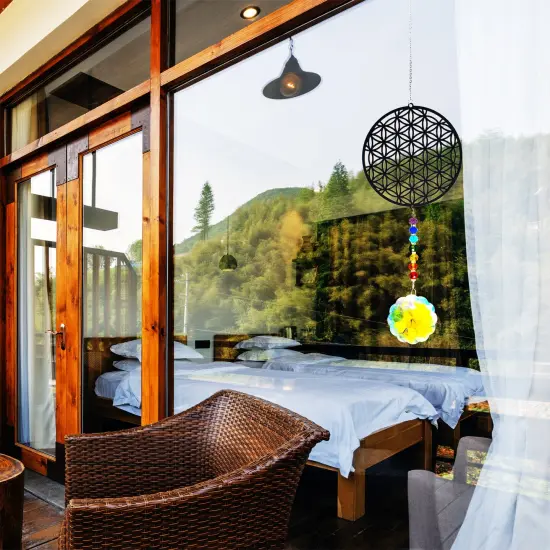 Flower of Life Suncatcher, Silver Hanging Crystal Wind Chimes, Tree of Life Chakra Crystal Glass Angel Sun Catcher with Iris Effect for Home Garden Decoration Christmas Wedding Gift {5}