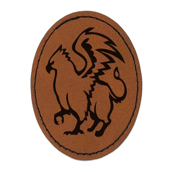 Proud Griffin Fantasy Silhouette Round Iron-On Engraved Faux Leather Patch Applique - 2.5" Brown {1}