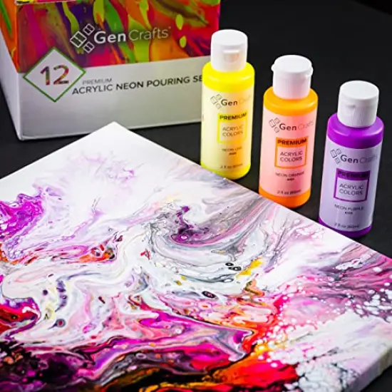 Neon Acrylic Pouring Paint 12 Colors - Pre-Mixed High Flow Ready to Pour - 2 oz./59 ml Bottles - Multi-Purpose Paints for Canvas, Paper, Rocks, Wood {3}