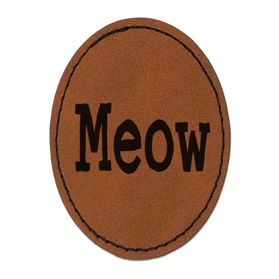 Meow Cat Fun Text Round Iron-On Engraved Faux Leather Patch Applique - 2.5" Brown {1}