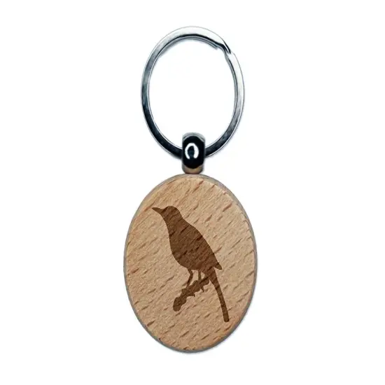 Bird on Branch Solid Engraved Wood Round Keychain Tag Charm {1}
