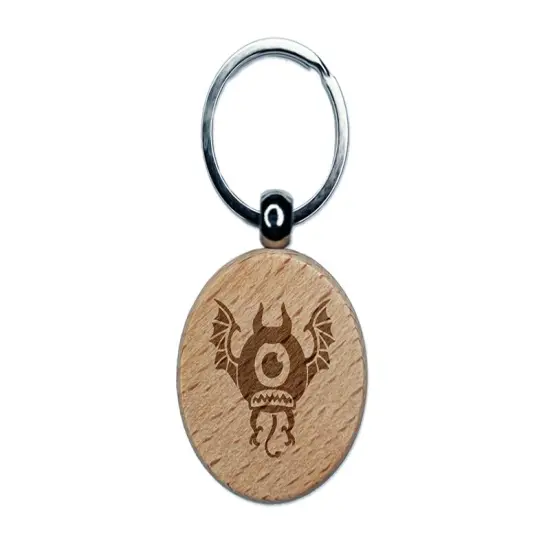One Eyed Monster Demon with Bat Wings Engraved Wood Round Keychain Tag Charm {1}