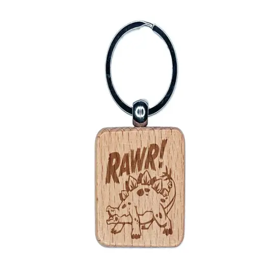 Stegosaurus Rawr Roar Dinosaur Engraved Wood Square Keychain Tag Charm {1}