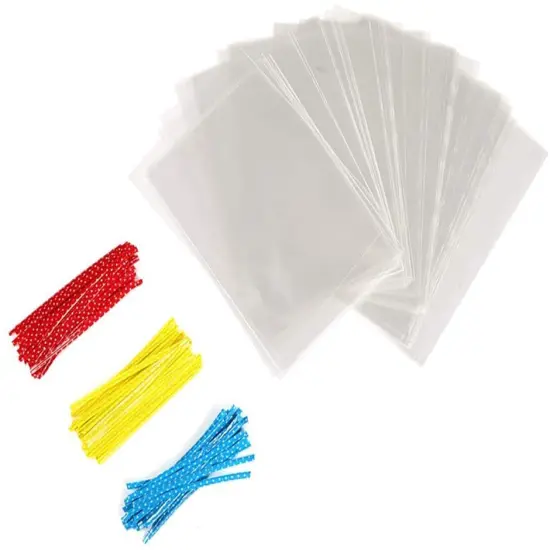 100 Pcs 8 in x 6 in Clear Flat Cello Cellophane Treat Bags Good for Bakery,Popcorn,Cookies, Candies,Dessert, Birthday 1.4mil.Give Metallic Twist Ties! {1}