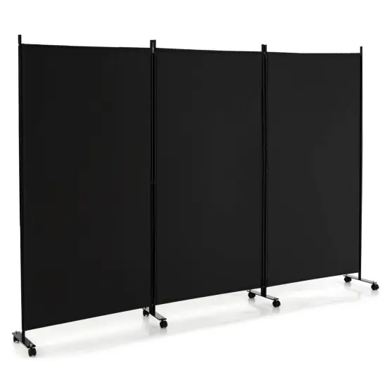 3 Panel Folding Room Divider with 8 Smooth Universal Lockable Wheels Black {3}