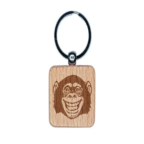 Grinning Chimpanzee Monkey Engraved Wood Square Keychain Tag Charm {1}