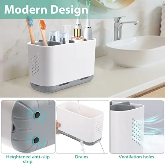 Boperzi Toothbrush and Toothpaste Holder Drainage for Bathroom Countertop with Adjustable Dividers, Large Toothpaste Caddy Organizer Storage Rustic Anti-Slip for Shower, Kitchen, Family, Kids Gray {5}
