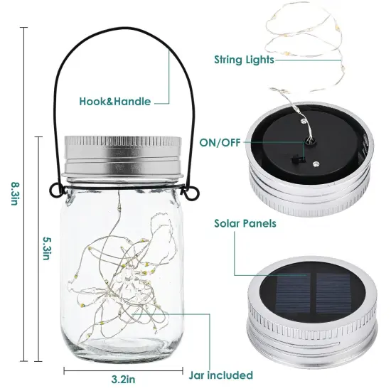6 Pack 30 Led String Fairy Lights Hanging Solar Lanterns Outdoor Waterproof, Hangers and Jars Included, Outdoor Decor for Christmas, Wedding, Garden, Patio {5}
