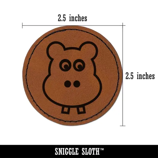 Cute Hippopotamus Face Round Iron-On Engraved Faux Leather Patch Applique - 2.5" Brown {2}