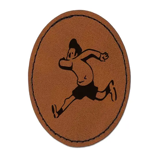 Cartoon Running Man Exercise Round Iron-On Engraved Faux Leather Patch Applique - 2.5" Brown {1}
