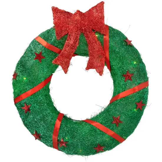 Northlight 18" Lighted Sisal Wreath with Stars and Bow Christmas Outdoor Decoration Red {4}
