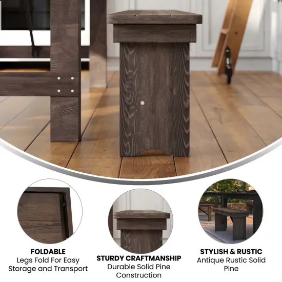 Merrick Lane Antique Solid Pine Folding Farmhouse Style Bench Black Wash {10}