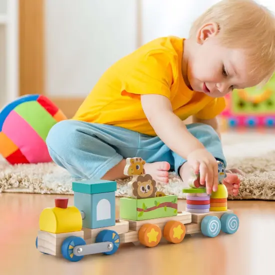 Costway Wooden Stackable Train Set Kids Educational Fun Cars with Animal Toys & Locomotive {2}