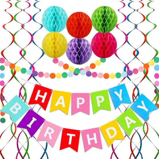 Rainbow Birthday Banner, 6 Honeycomb Balls, 8 Metallic Hanging Swirls and Circle Parper Garland, Happy Birthday Decorations {4}