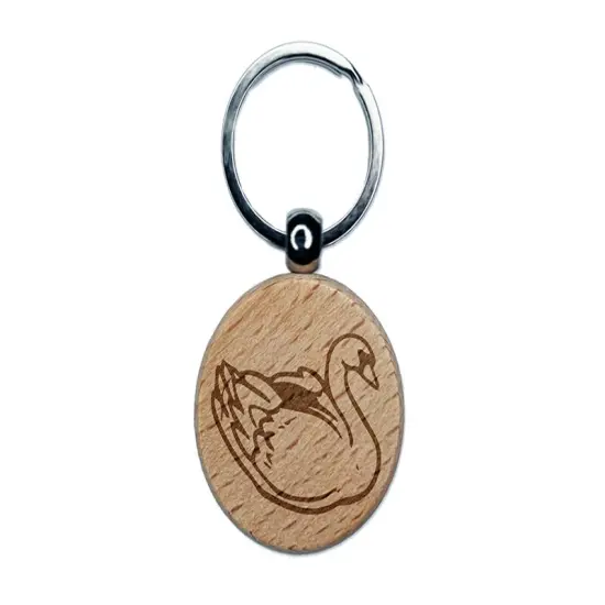Elegant Swan Bird Engraved Wood Round Keychain Tag Charm {1}