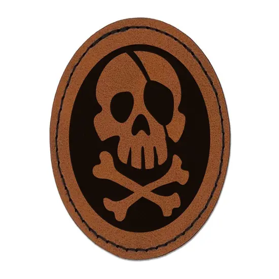 Pirate Skull and Crossbones Jolly Roger Round Iron-On Engraved Faux Leather Patch Applique - 2.5" Brown {1}
