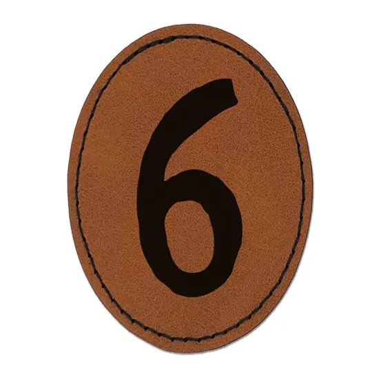 Number 6 Six Cute Typewriter Font Round Iron-On Engraved Faux Leather Patch Applique - 2.5" Brown {1}
