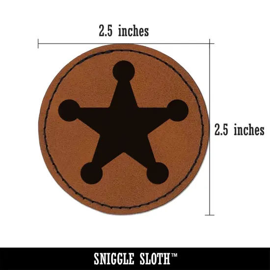Cowboy Sheriff Badge Star Round Iron-On Engraved Faux Leather Patch Applique - 2.5" Brown {3}