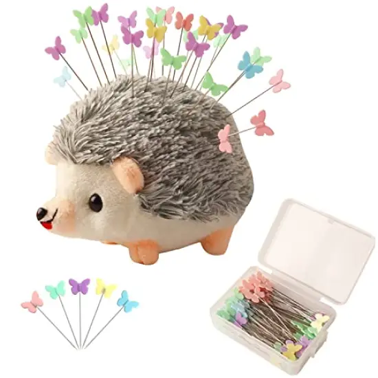 Hedgehog Shape Pin Cushion, Cute Pincushions Sewing Kit Lovely Needle Cushions Pins Holder Sewing Accessories Supplies with 100Pcs Colored Butterfly Pins for Quilting DIY Crafts Patchwork {2}