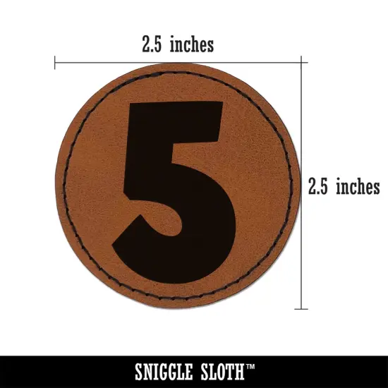 Number 5 Five Fun Bold Font Round Iron-On Engraved Faux Leather Patch Applique - 2.5" Brown {3}