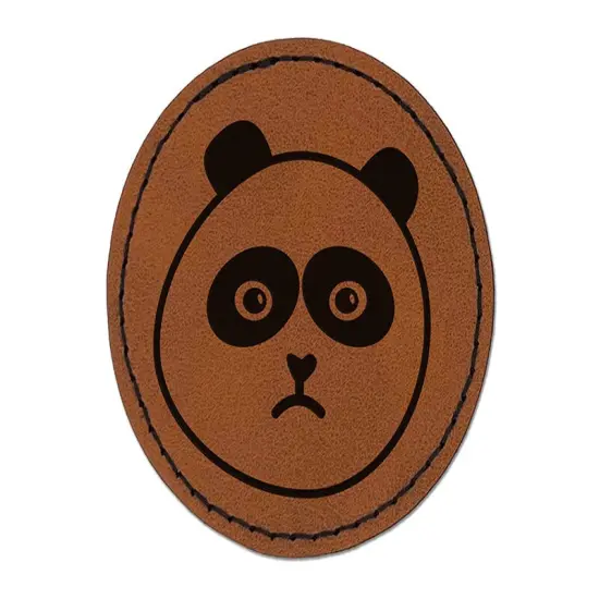 Sad Panda Face Round Iron-On Engraved Faux Leather Patch Applique - 2.5" Brown {1}