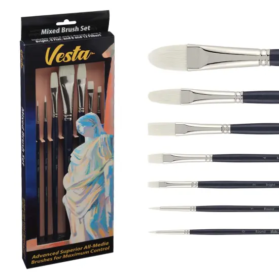 Creative Mark Vesta Synthetic Bristle Artist Paint Brushes for Acrylic Painting - Long Handle Acrylic Paint Brush Sets Mimic Chungking Bristles for Oils and Alkyds - Filbert, Bright, Flat, Round {1}