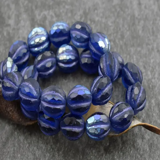 *12* 10mm Purple Washed Matte Pacific Blue AB Faceted Round Melon Beads {4}