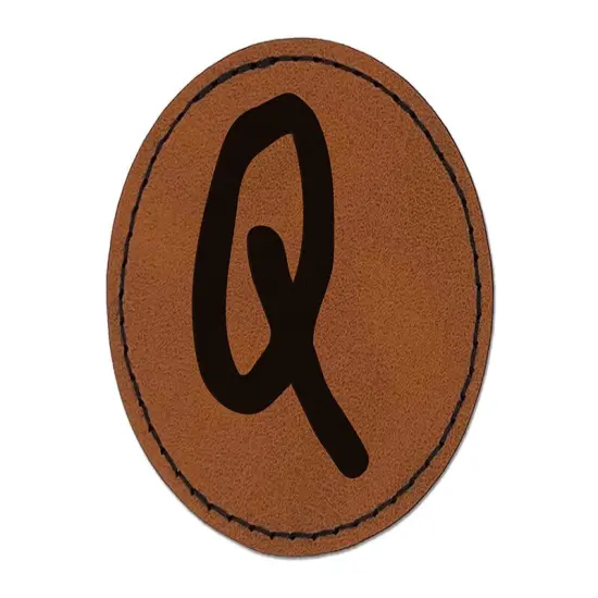 Letter Q Uppercase Felt Marker Font Round Iron-On Engraved Faux Leather Patch Applique - 2.5" Brown {1}