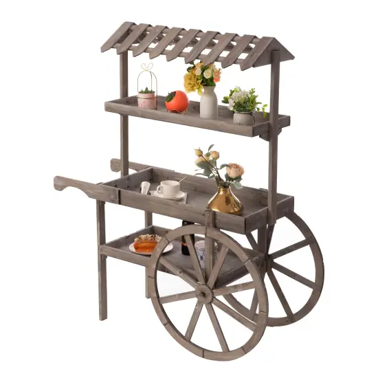 Antique Rustic Solid Wood decor Display Rack Cart Wood Plant Stand 3 Tier with Wheels for Display, Wood Wagon with Shelves for Plants and More {1}