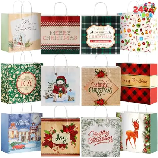 JOYIN 24 Pcs Christmas Kraft Paper Gift Bags with Twine Handles, 12 X 12 X 5'' Large Xmas Gift Bags with 12 Designs for Holiday Present Wrapping, Christmas Goodie Bags, Xmas Goody Bags Party Supplies {1}