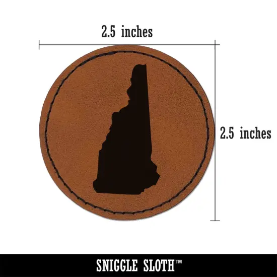 New Hampshire State Silhouette Round Iron-On Engraved Faux Leather Patch Applique - 2.5" Brown {2}