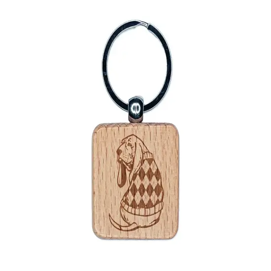 Basset Hound Dog in Argyle Sweater Engraved Wood Square Keychain Tag Charm {1}