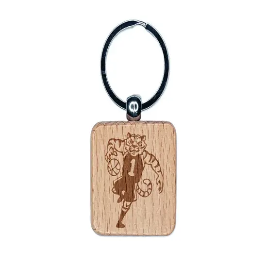Tiger Playing Basketball Athletic Sports Engraved Wood Square Keychain Tag Charm {1}