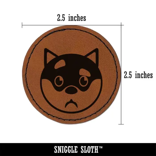 Husky Dog Face Curious Round Iron-On Engraved Faux Leather Patch Applique - 2.5" Brown {3}