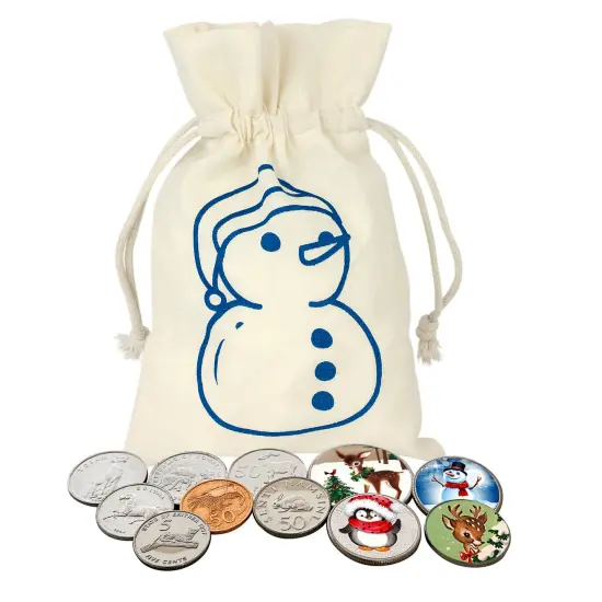 Animal Coins From Around The World And Colorized Christmas Coins In Snowman Canvas Bag {1}