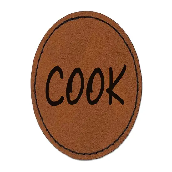 Cook Fun Text Round Iron-On Engraved Faux Leather Patch Applique - 2.5" Brown {1}