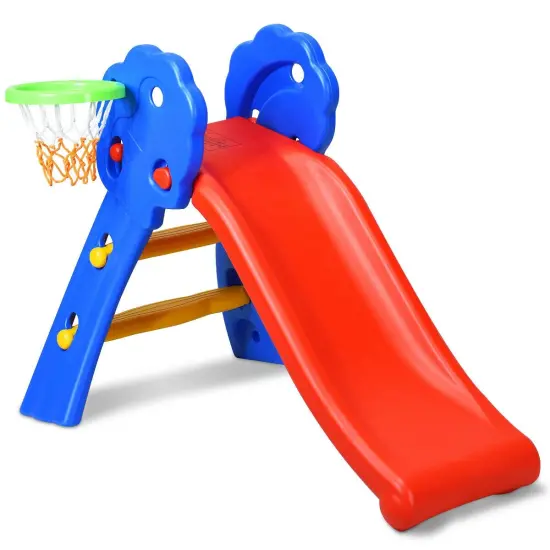 2 Step Indoors Kids Plastic Folding Slide with Basketball Hoop {1}