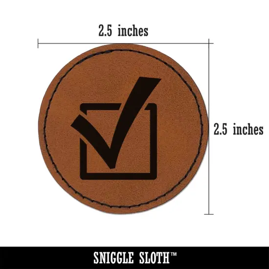 Check in Checkbox Round Iron-On Engraved Faux Leather Patch Applique - 2.5" Brown {3}