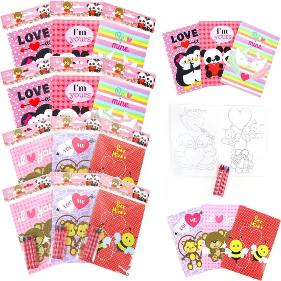 TINYMILLS Valentine's Day Coloring Book and Crayon Set for Kids Party Favors with 12 Coloring Books and 48 Crayons for Valentine's Day Party {1}