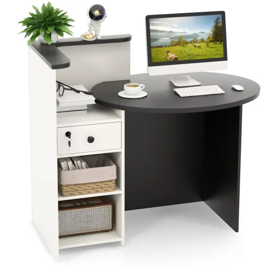 Front Reception Office Desk with Open Shelf and Lockable Drawer-Black & White {3}
