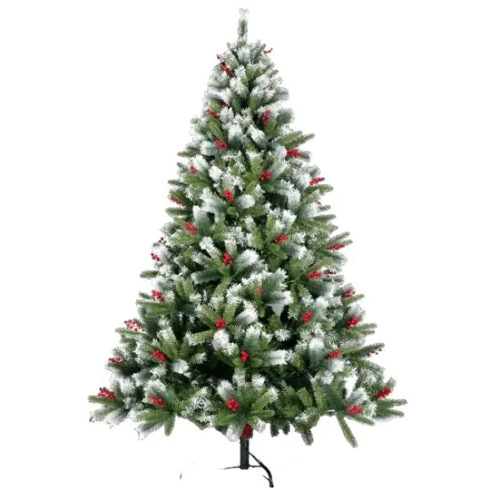 7.5ft Flocked Pine Needle Christmas Tree with Cones Red Berries and Foldable Stand {1}