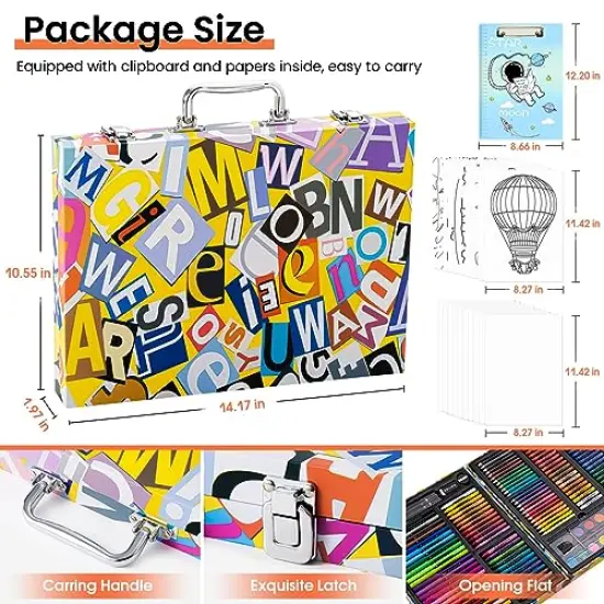 180 Piece Drawing Painting Art Kit with Clipboard and Coloring Papers, Gifts Art Set Case with Oil Pastels, Crayons, Colored Pencils, Watercolor Cakes {4}