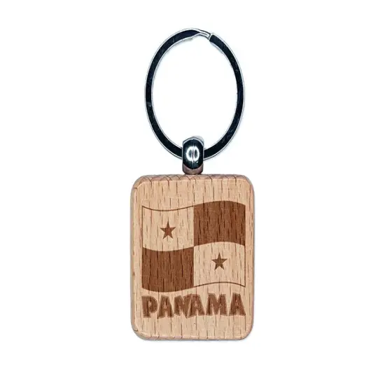 Panama with Waving Flag Cute Engraved Wood Square Keychain Tag Charm {1}