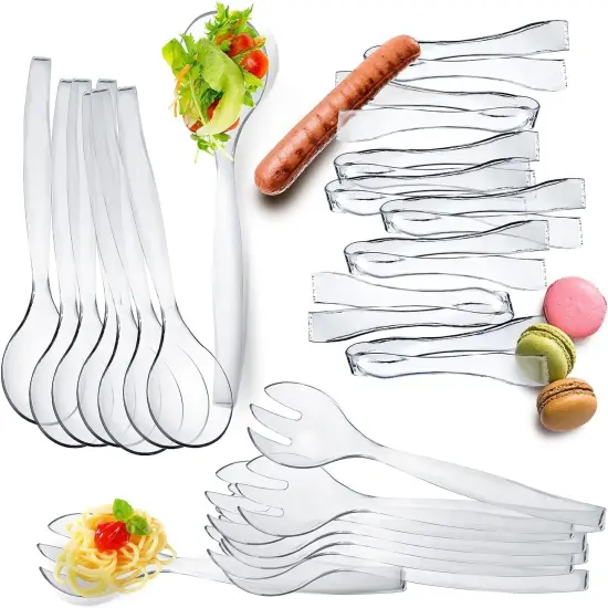 12 Pieces- Heavy Duty Disposable Plastic Serving Utensils, Four 10&rdquo; Spoons and Forks, Four 6-1/2&rdquo; Tongs,Clear {2}