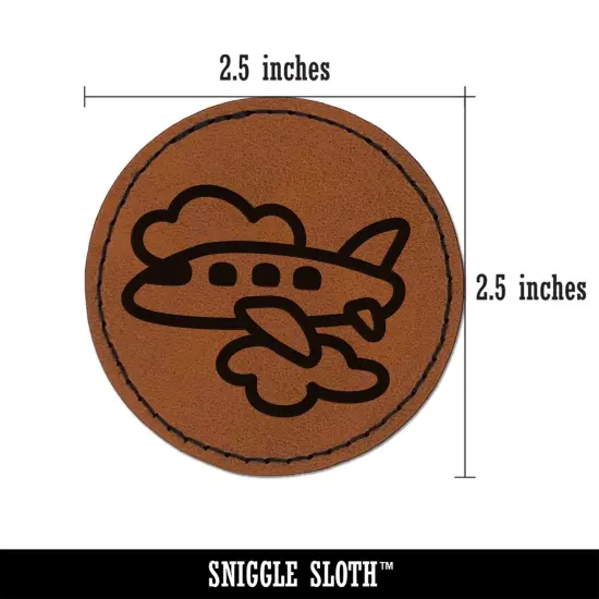 Airplane Flying Through Clouds Travel Trip Round Iron-On Engraved Faux Leather Patch Applique - 2.5" Brown {3}