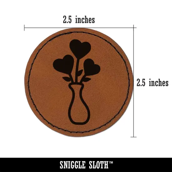 Vase of Heart Flowers Valentine's Day Round Iron-On Engraved Faux Leather Patch Applique - 2.5" Brown {3}