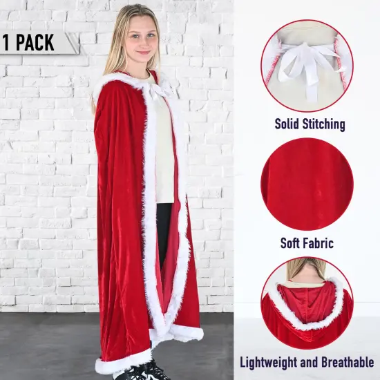 Skeleteen Red Velvet Santa Cape - Long Red Velour Hooded Cloak with White Fur Trimming Christmas Holiday Santa Claus and Mrs Claus Costume Robe with Hood - For Adults and Kids {5}