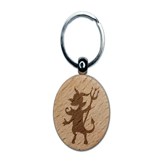 Mischievous Devil Demon Pitchfork Monster Halloween Engraved Wood Round Keychain Tag Charm {1}